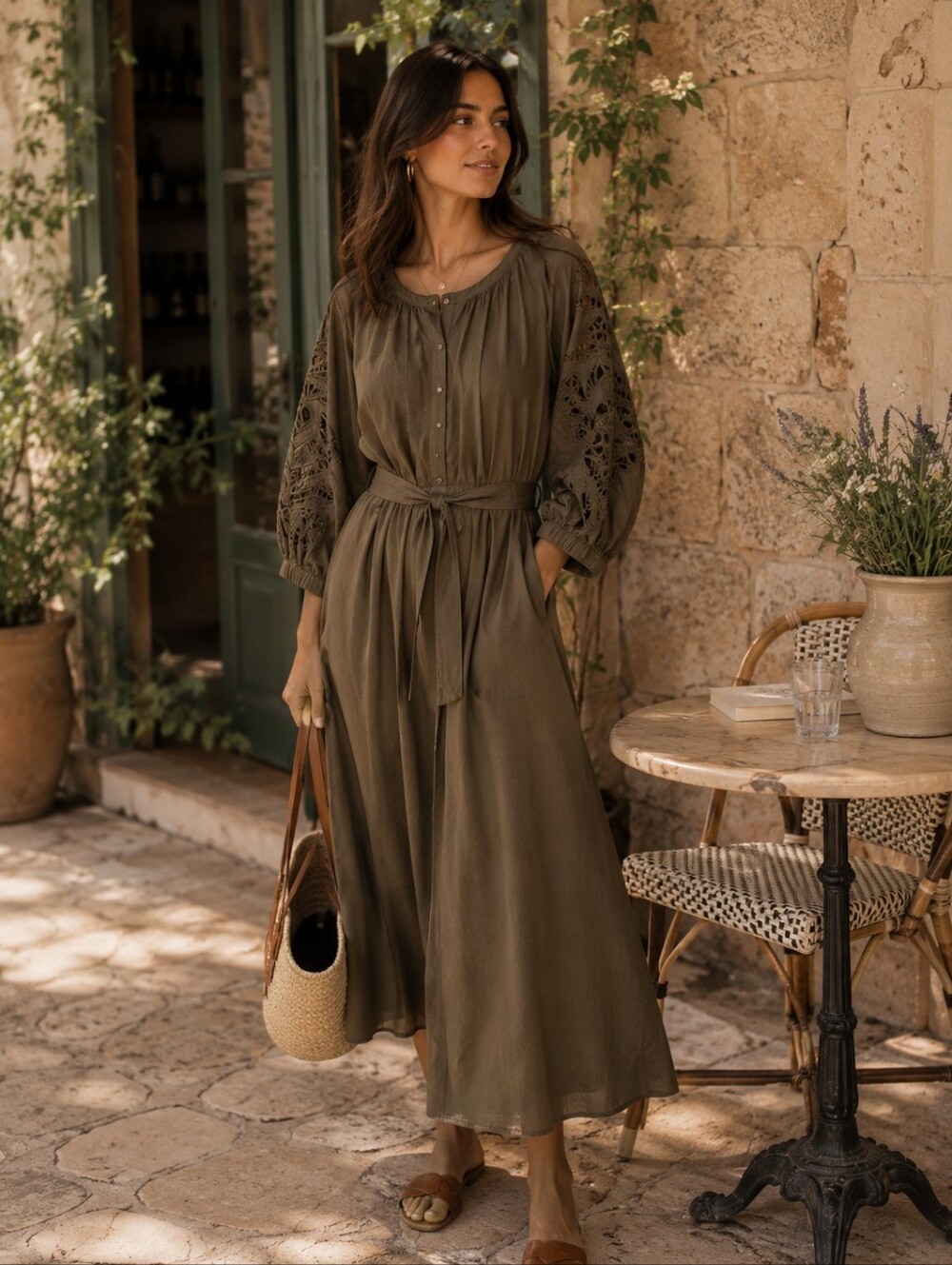 Maison 123 Paris Olive Green Midi Dress with Tie Waist